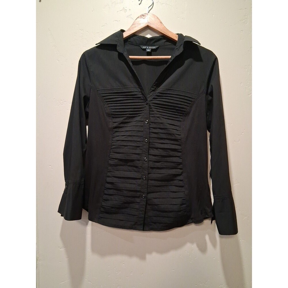 Zac & Rachel Woman L Black Pintuck Front Button Up 3/4 Sleeve Collared Blouse